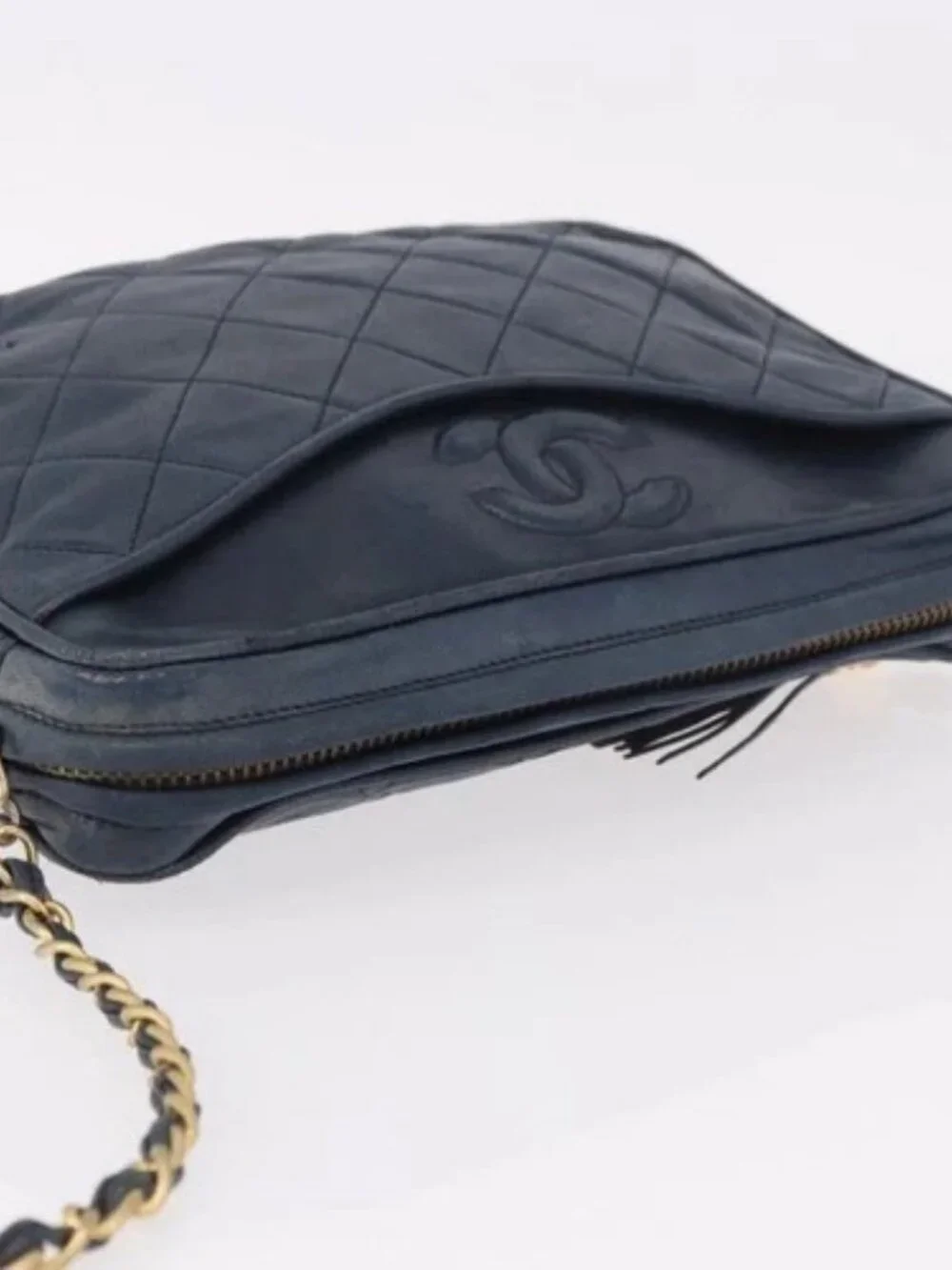 CHANEL Matelasse Chain Shoulder Bag Lamb Skin Navy Gold CC Auth BA10507
